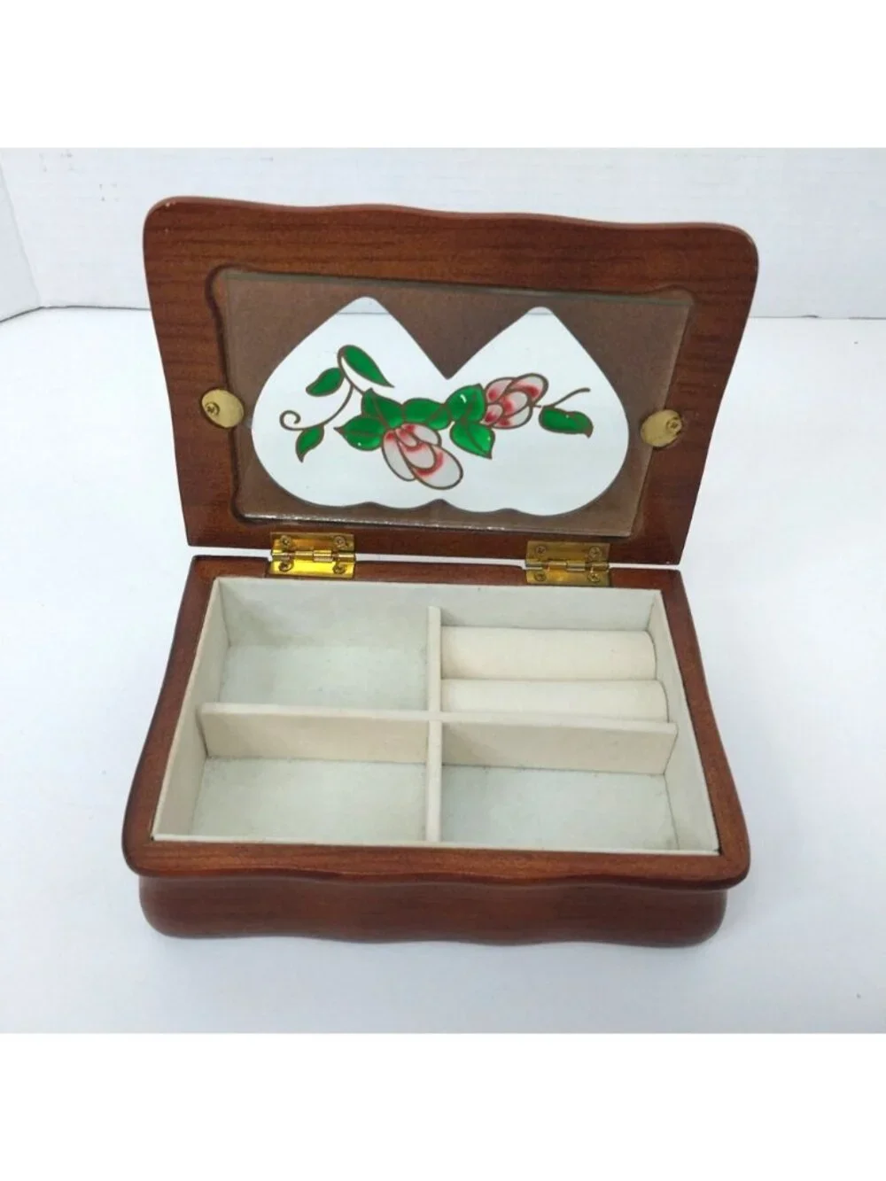 Heart-Shaped Wooden Jewelry Box Stained Glass Style Flower Inlay